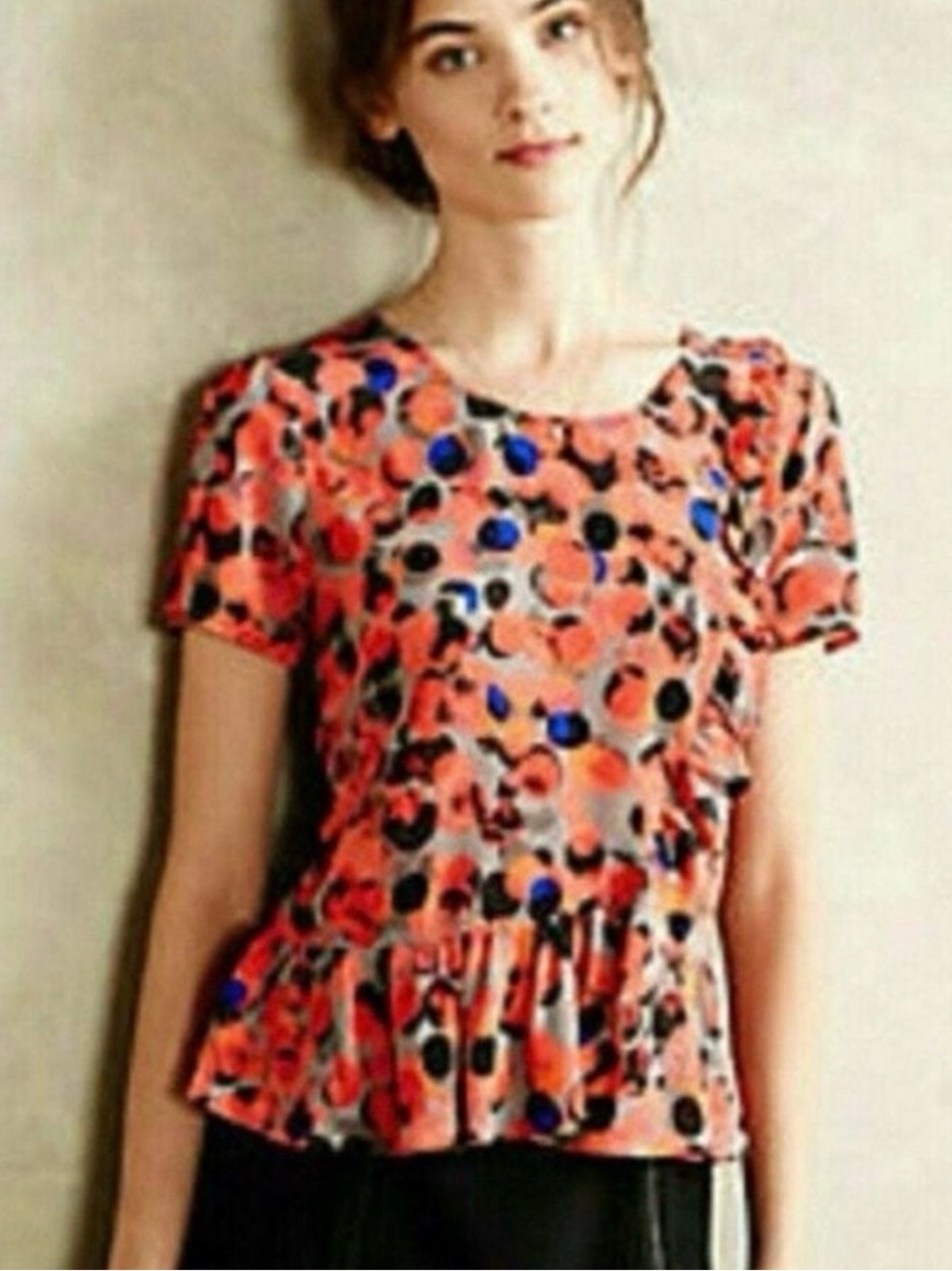 Anthropologie HD Paris Blouse Women’s Size 4 Top 100% Silk Peplum Ruffle Hem Dot